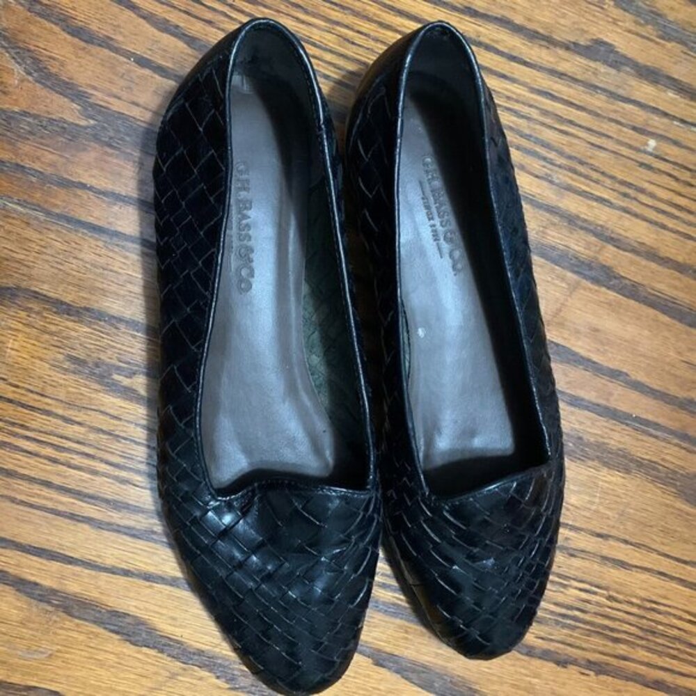 G.H. Bass Black Woven Leather Penny Loafer Womens 7M Basket Preppy Academia Slip